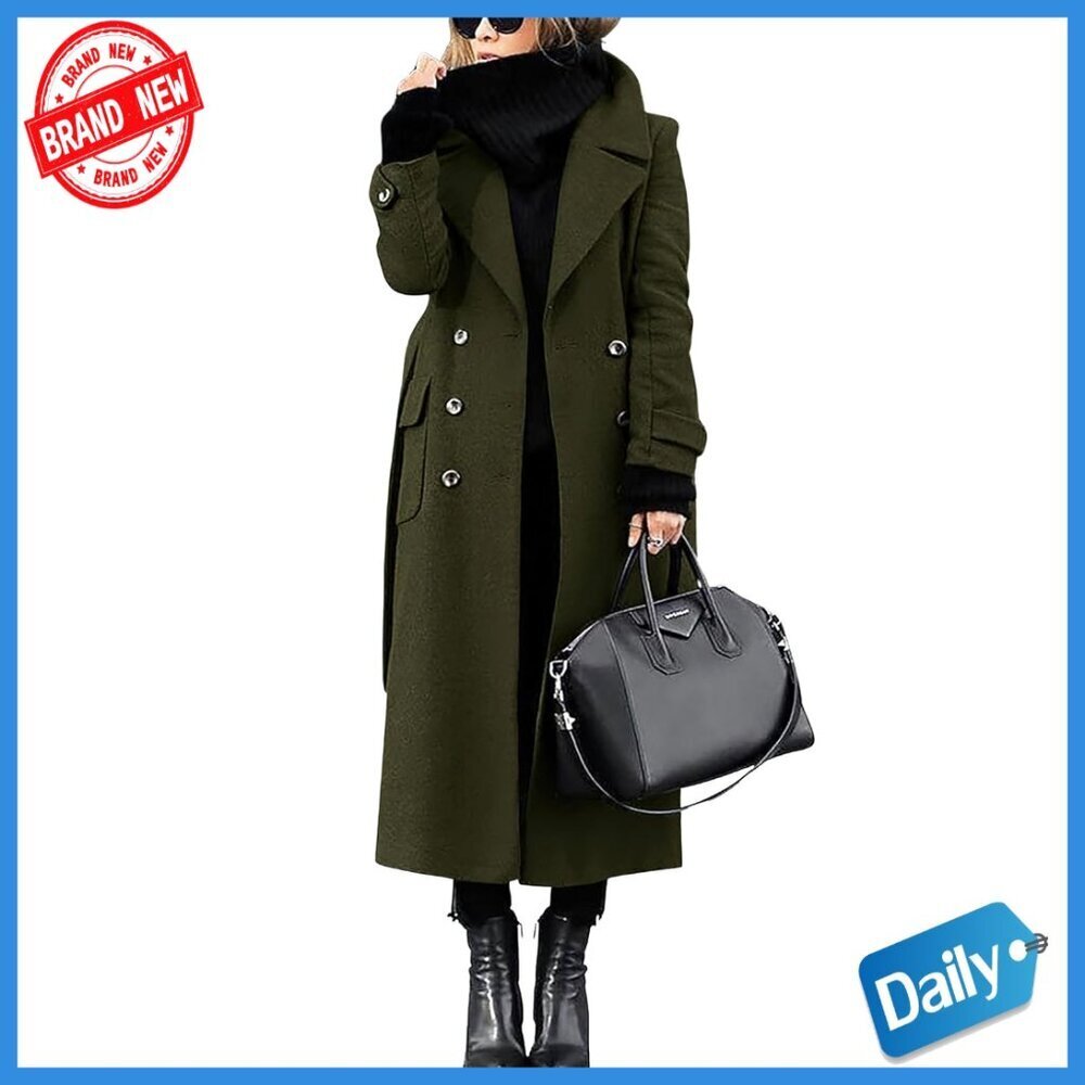Long Wool Blend Pea Coat Double Breasted Notch Collar Winter Overcoat